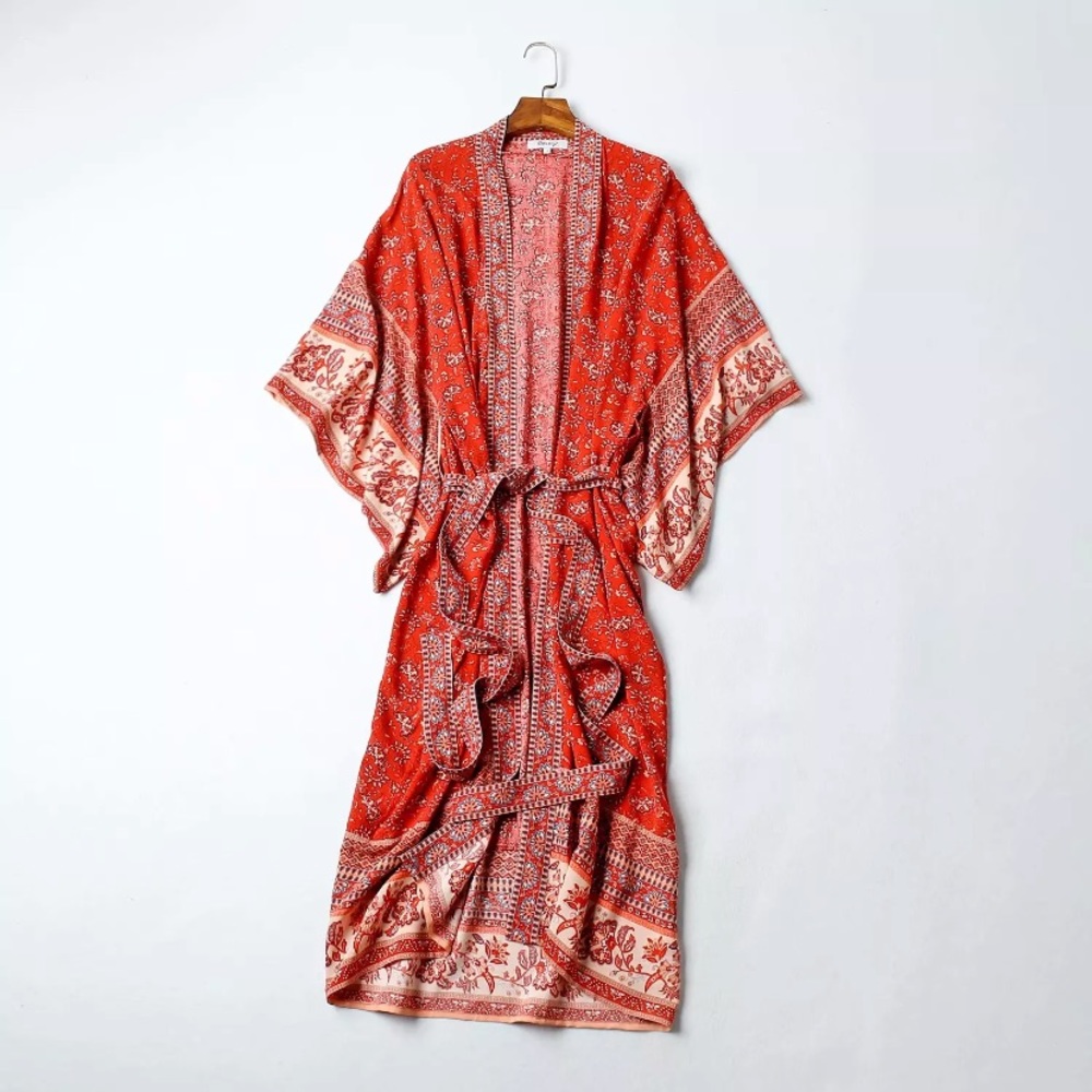 Red Boho Paisley Floral Kimono Duster Wrap Robe - Picture 2 of 4